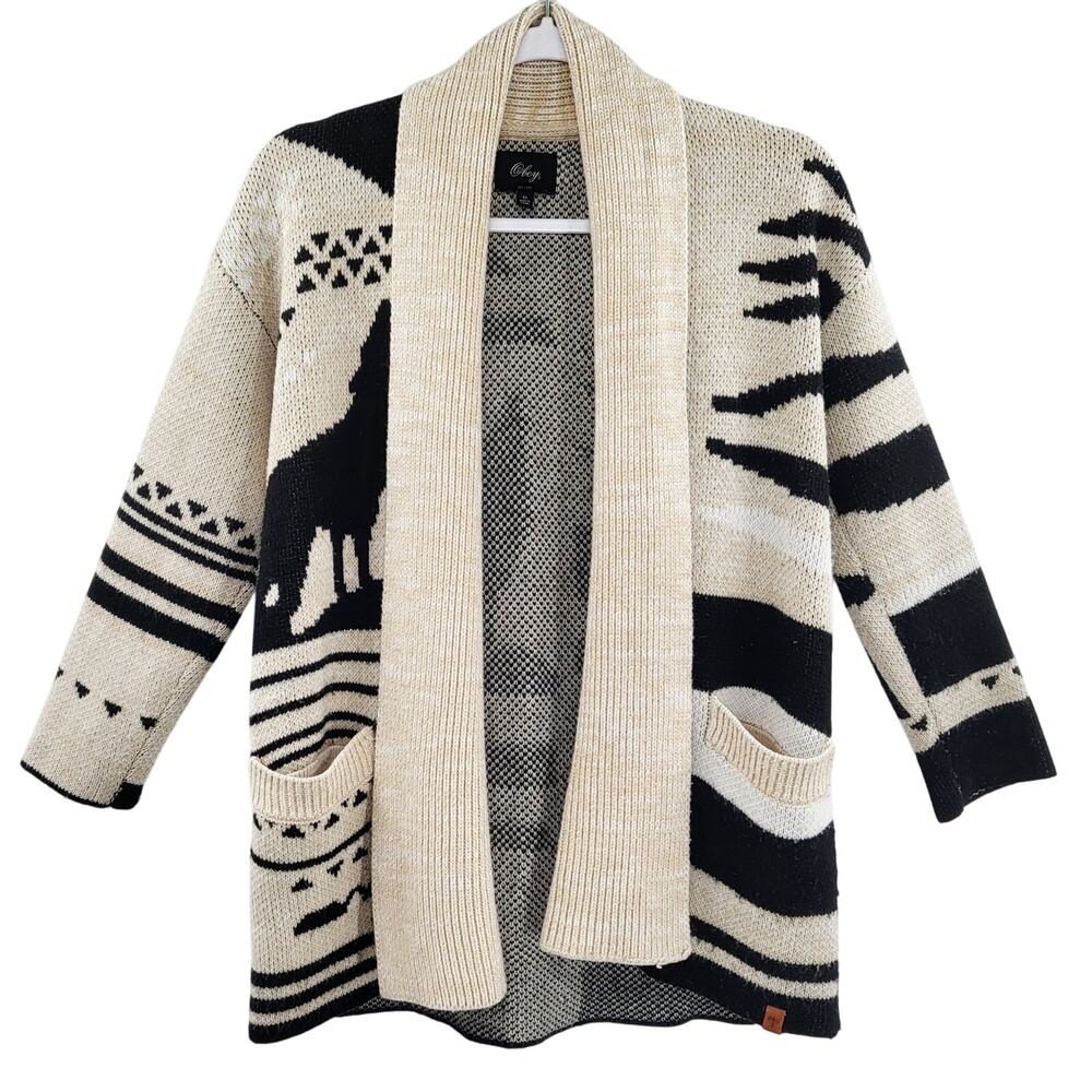 Obey Stone Beige & Black Wolf Western Print Open Front Knit Cardigan Women’s XS